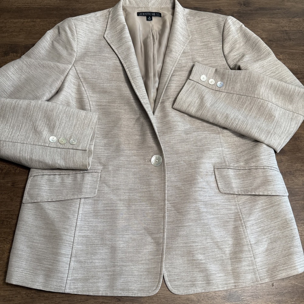 Lafayette 148 New York Textured Virgin Wool Blend Single Button Blazer Beige 16